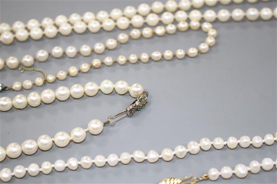 Seven assorted single strand cultured pearl necklaces, three with 925 clasps, two with 935 or 835 clasps and two others